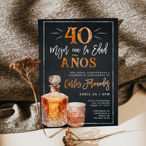 Invitación whiskey party 40 cumpleaños para hombre español, spanish 40th birthday surprise invitation printable, spanish adult invite - C493