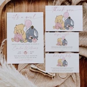 Its a girl classic winnie pooh baby shower set, vintage pooh baby shower invite set printable, pumpkin baby shower invitation set - C575-g