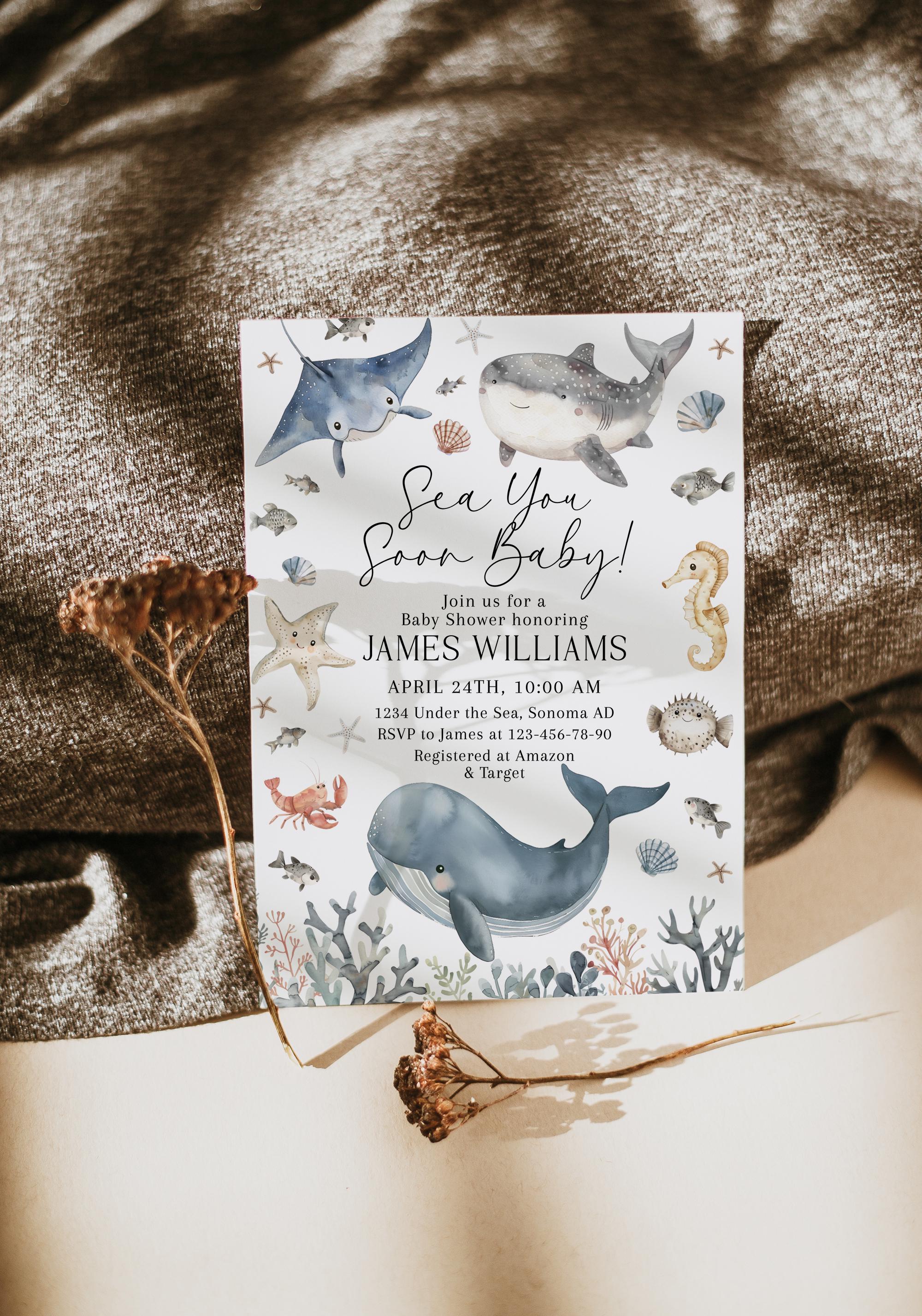 Sea You Soon Baby Shower Invitation Printable, Boy Ocean Baby Shower ...
