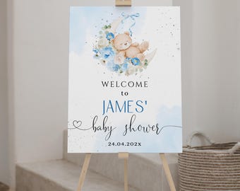 Moon Sleepy Bear Baby Shower Welcome Poster Printable: Blue Floral Coquette Theme - C753-b
