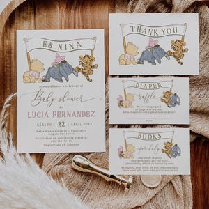 Es niña invitación set para baby shower en español printable, vintage winnie the pooh and friends spanish baby shower invite set - C567-g