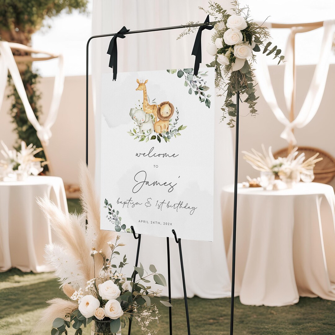 Safari Animals Baptism and 1st Birthday Welcome Sign Printable, First ...