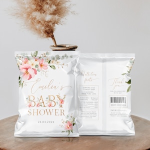 Floral baby shower chip bag, pink gold baby shower snacks treats favor chip bag printable, modern blush floral baby shower chip labels -C460