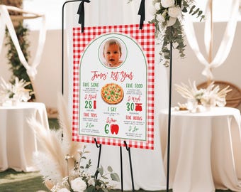 Pizza party 1st birthday milestone poster template, pizza 1st year milestone with photo, pizzeria theme red first milestone poster - C680