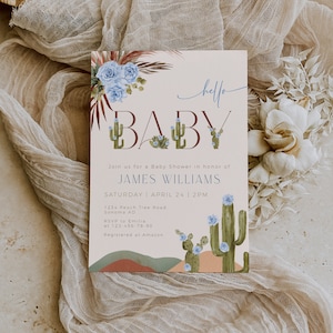 Blue flowers desert baby shower invite, hello baby boho boy baby shower invitation card, green cactus baby shower invitation printable -C412