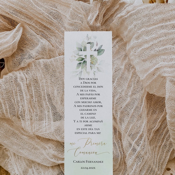 Mi primera comunion spanish bookmark, gracias en espanol gift, green holy communion greenery favor bookmark, first communion in spanish -C15