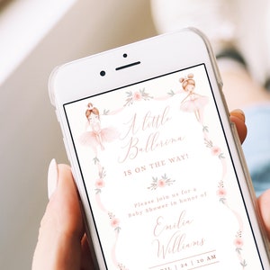 May include: A pink and white baby shower invitation with a floral border and illustrations of ballerinas. The text reads "A little Ballerina is on the way!" and includes the name "Emilia Williams", the date "April 24", the time "10 AM", the address "1234 Peach Tree Road, Sonoma AD", the RSVP information "RSVP to Emilia at 123-456-78-90", and the registry information "Registered at Amazon".