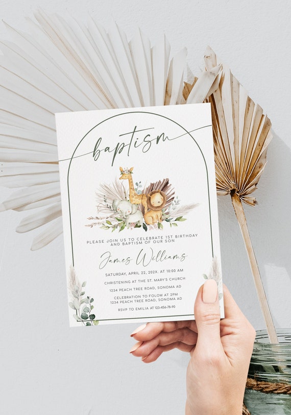 Safari animals baptism invitation template, boho baptism arch invite