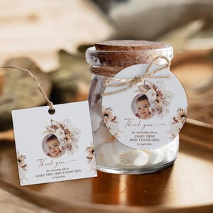 Boho floral first holy communion favor tag editable, bohemian baptism thank you tag, pampas grass first holy communion tag with photo - C164