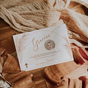 Baptism thank you card template spanish, baptism thank you card with photo for girl boy, tarjeta de gracias boho bautizo pampas grass -C542p