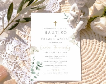 Greenery minimalist niño niña bautizo y primer añito invitación para imprimir español, green gender neutral baptism & 1st bday invite - C531