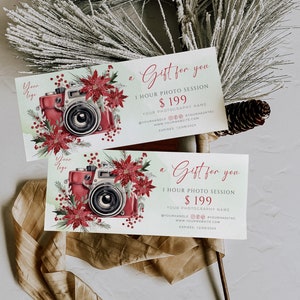 Editable winter photography gift certificate template, holiday photo session gift card Xmas, modern photographer gift certificate mininalist