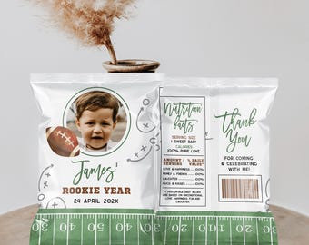 Rookie year first birthday chip bag label printable, american football 1st bday chip bag with photo, football bday party chip bag - C651