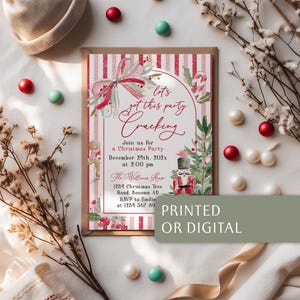 May include: A rectangular Christmas party invitation card featuring a red and white striped background, a watercolor nutcracker, a gingerbread person, and a decorative bow. The text reads: Let's get this party Cracking, Join us for a Christmas Party, December 24th, 202x at 2:00 pm, The Williams House, 1234 Christmas Tree Road, Sonoma AD, RSVP to Emilio at 1234 567 89.