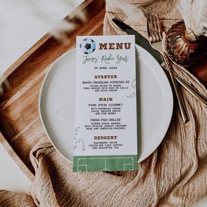 Rookie year 1st birthday party menu printable, soccer 1st birthday party menu card, boy soccer sports first birthday dinner menu card - C812