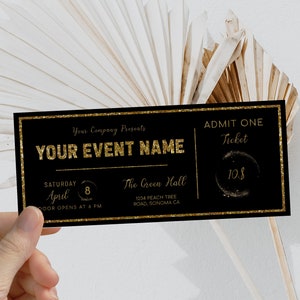 Event ticket template, editable New Year event tickets, birthday concert ticket surprise, black gold event ticket, printable present coupon