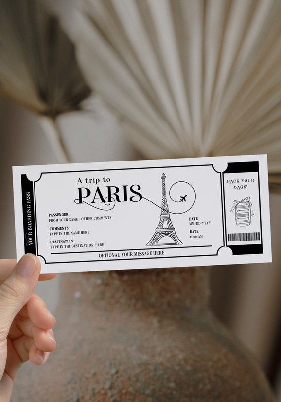 Paris surprise boarding pass, printable airline ticket template, boarding pass gift voucher, surprise trip ticket, special event trip gift Il_570xn