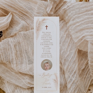 Mi Bautizo tarjeta de oración con foto niño, bookmark neutral color spanish template, boho pampas grass bookmark, recuerdo de bautizo -C542p