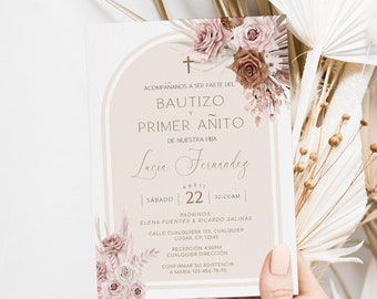 Invitaciones de bautizo y primer añito, invitacion bautizo en espanol printable, bohemian baptism first birthday invitation in spanish - C26