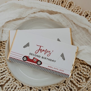 Vintage red race car chocolate wrapper, editable race car birthday candy bar label, boy second birthday chocolate label - C301