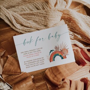 Rainbow baby shower books for baby card, boho baby shower book for baby, book request card boho rainbow baby shower printable and decor-C287