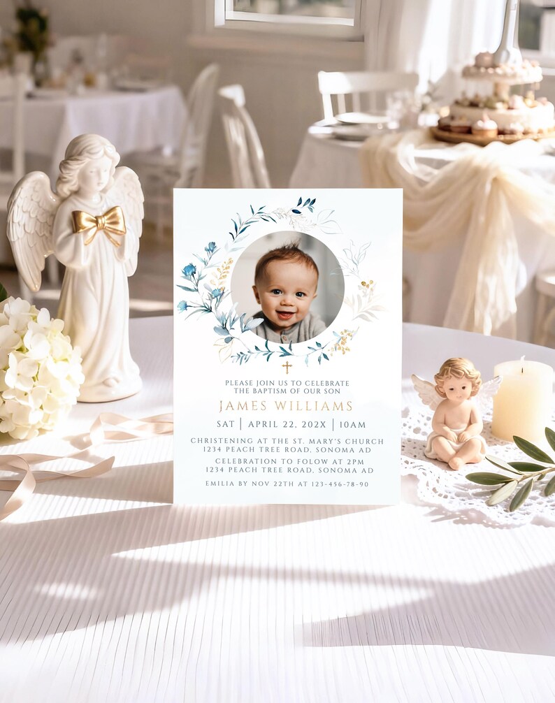 May include: A baptism invitation card featuring a baby's photo within a floral wreath. The card includes event details: James Williams, April 22, 202X, 10 AM, and the christening location. Decorative elements include angel figurines and a lit candle.