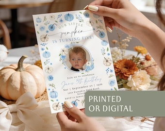 Turning Five Fall Invitation With Photo Printable: Blue Pumpkin Boy Fifth Birthday Invite - C803-b