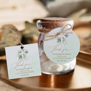 Greenery thank you confirmation tag template, modern green and gold leaves confirmation favor tags, white cross baptism favor gift tag - C15