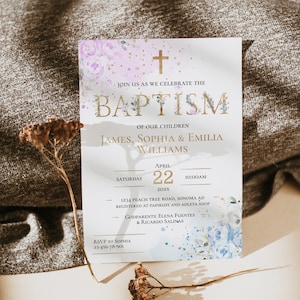 Triplet christening invitation, baptism invitation twins girl and boy, sibling baptism invitation template, floral baptism invitation - C01t