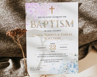 Triplet christening invitation, baptism invitation twins girl and boy, sibling baptism invitation template, floral baptism invitation - C01t