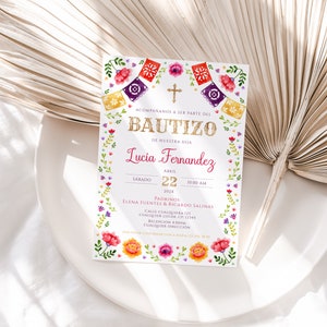 Mexican baptism invitation in spanish printable, bautizo invitation spanish mexican flower, mi bautizo invitation, invitación bautizo - C116