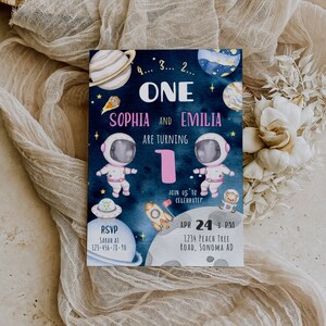 Girl's twins space first birthday party invitation template, twins asrtonaut girl birthday invite printable, twins dual invitation card-C253
