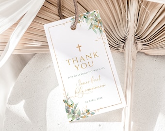 First holy communion favor tag gold decoration for baptism, gender neutral communion gift favor tag template, greenery thank you labels-C109