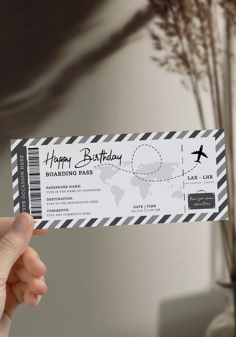 May include: A black and white boarding pass with the text "Happy Birthday" and a world map graphic. The pass includes fields for passenger name, destination, and comments, with a flight path to London. A small suitcase graphic reads "time for some adventure."