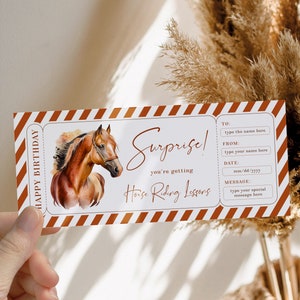 Horse riding lessons birthday gift voucher, birthday gift experience, modern horseback riding certificate, bohemian birthday gift ticket