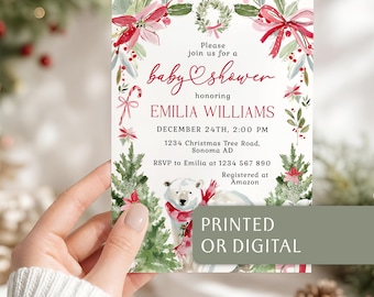 Winter Holiday Polar Bear Baby Shower Invitation Template: Greenery Christmas Tree Invite Card - C909