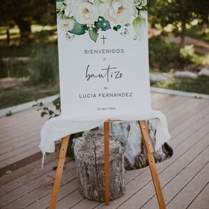 Сartel bienvenida bautizo niña, floral spanish bautizo welcome poster printable, green and white floral spanish bautizo welcome sign - C199
