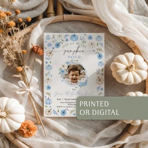 May include: A rectangular birthday invitation card featuring a watercolor illustration of light blue and white pumpkins with blue flowers. The text reads JOIN US IN THE PUMPKIN PATCH for James' 4th Birthday Bash! A circular photo frame is in the center.
