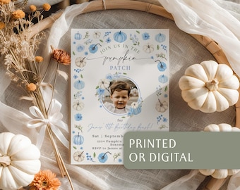 Pumpkin Patch Fourth Birthday Invitation With Photo Template: Blue Floral Fall Boy 4th Card - C803-b