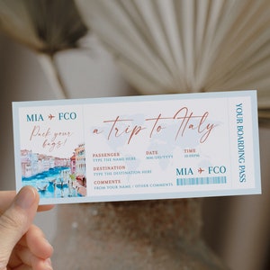 Editable Italy boarding pass ticket gift voucher, vacation ticket printable, airline flight surprise trip reveal to rome, surprise trip