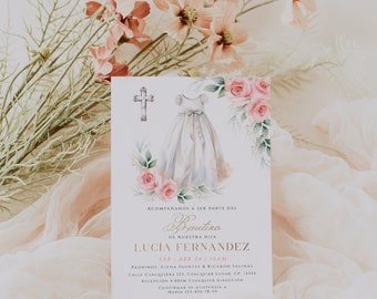 Pink floral white dress baptism niña invitación en español editable & decor, vestido floral blanco bautizo invitation card in spanish - C525