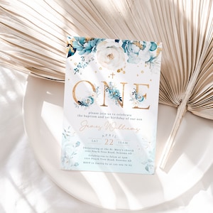 Baptism and 1st birthday invitation template, boy blue floral baptism and first birthday invitation, baptism 1st birthday boy invite - C210