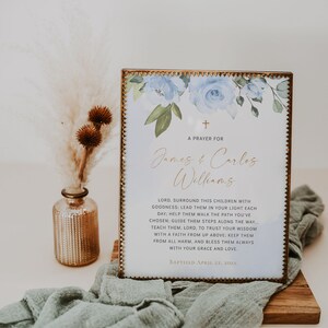 Blue baptism prayer sign template, twins baptism gift for boy printable, baby dedication gift, christening prayer sign, prayer for baby -C35