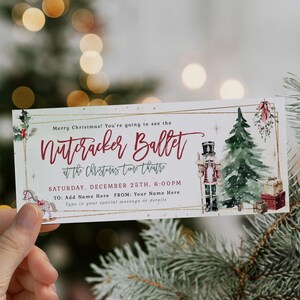 Nutcracker ballet gift tickets xmas tree decor printable, modern xmas theme ballet theatre voucher, winter holiday nutcracker event ticket