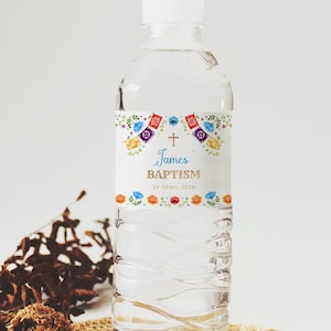 Mexican flowers baptism water bottle label, blue floral baptism water bottle label printable, boy mexican theme baptism water labels -C116-b