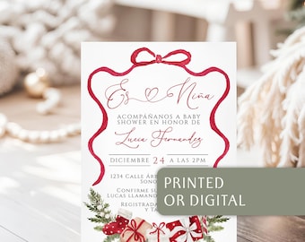 Spanish Christmas Gifts Baby Shower Invitation: Red Ribbon Frame Es Niña Invitación (Digital or Printed) - C885