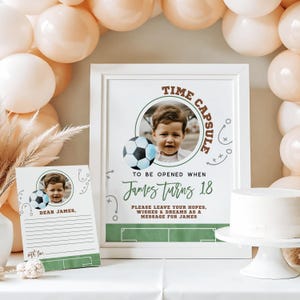 Soccer 1st birthday time capsule sign and card with photo printable, sports soccer ball first birthday party time capsule sign & card - C812