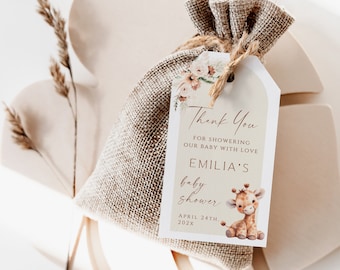 Boho giraffe baby shower thank you tags template, beige safari animals baby shower gift tag, floral giraffe baby shower favor tags - C563