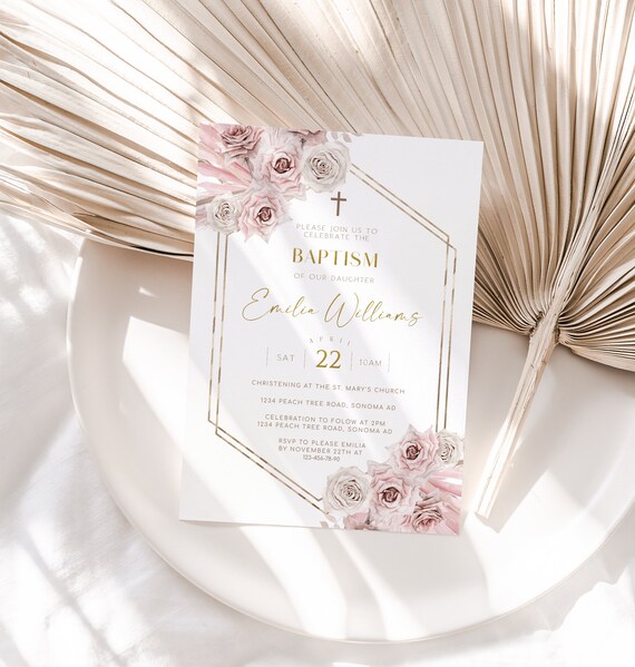 Bohemian baptism invitation printable, bohemian floral christening invitation, girl modern baptism invite template, dedication invitation Il_570xn