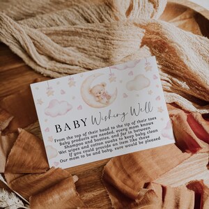 Sleeping bear baby shower wishing well card template, pink clouds baby shower wishing well card, bear on the moon wishing well card - C675-g